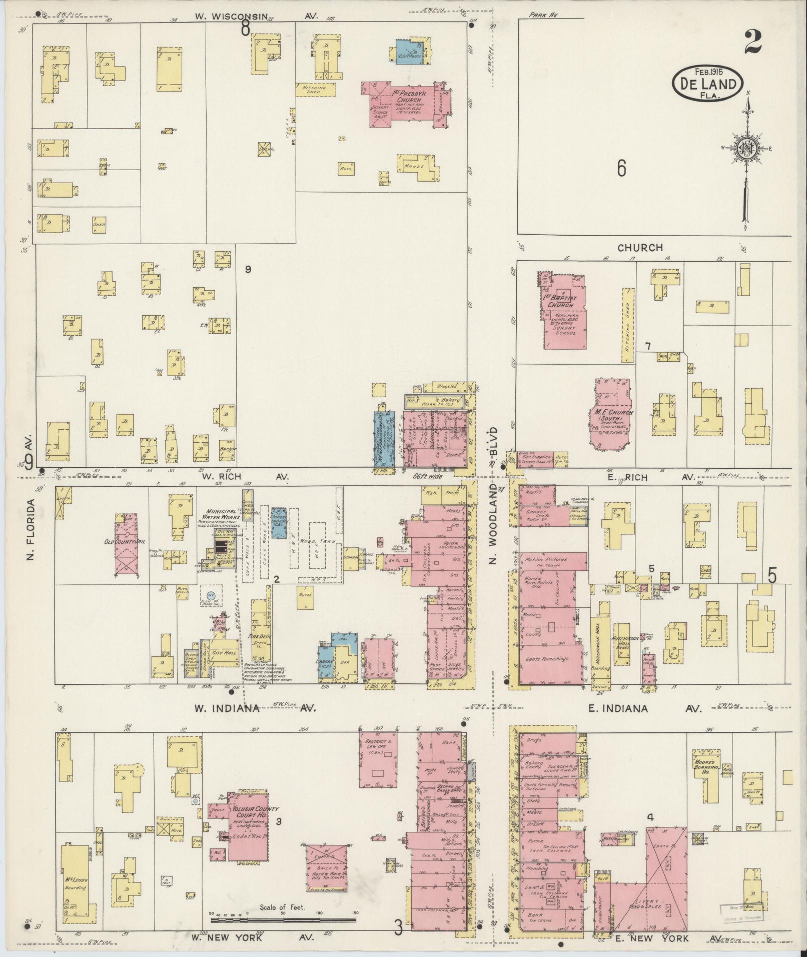 Sanborn Fire Insurance Map from De Land, Volusia County, Florida (1915), Sheet #0002 - Complete Map Set gallery image, historic Sanborn map, vintage wall art, Florida Florida