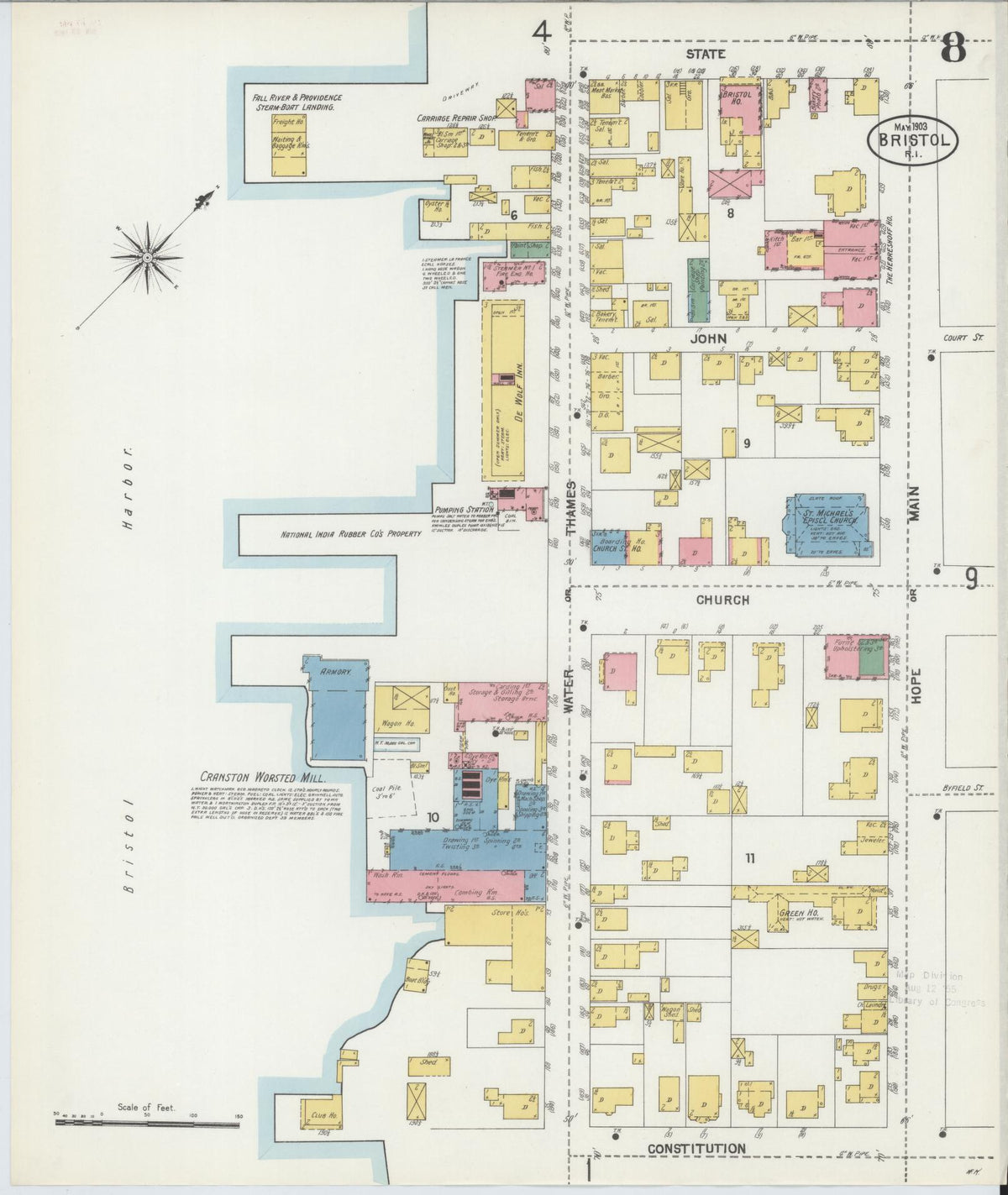 Sanborn Fire Insurance Map from Bristol, Bristol County, Rhode Island (1903), Sheet #0008 - Historic Sanborn Fire Insurance Map Print, vintage old map wall art, antique decor, genealogy gift, Rhode Island Rhode Island map