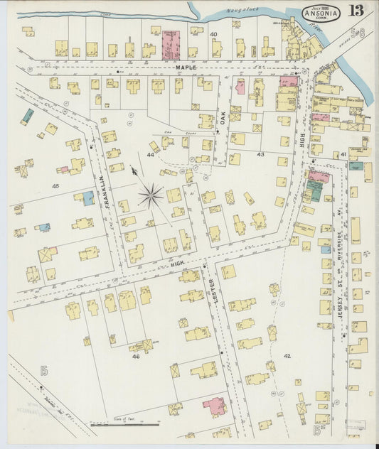 Sanborn Fire Insurance Map from Ansonia, New Haven County, Connecticut (1895), Sheet #0013 - Historic Sanborn Fire Insurance Map Print, vintage old map wall art, antique decor, genealogy gift, Connecticut Connecticut map
