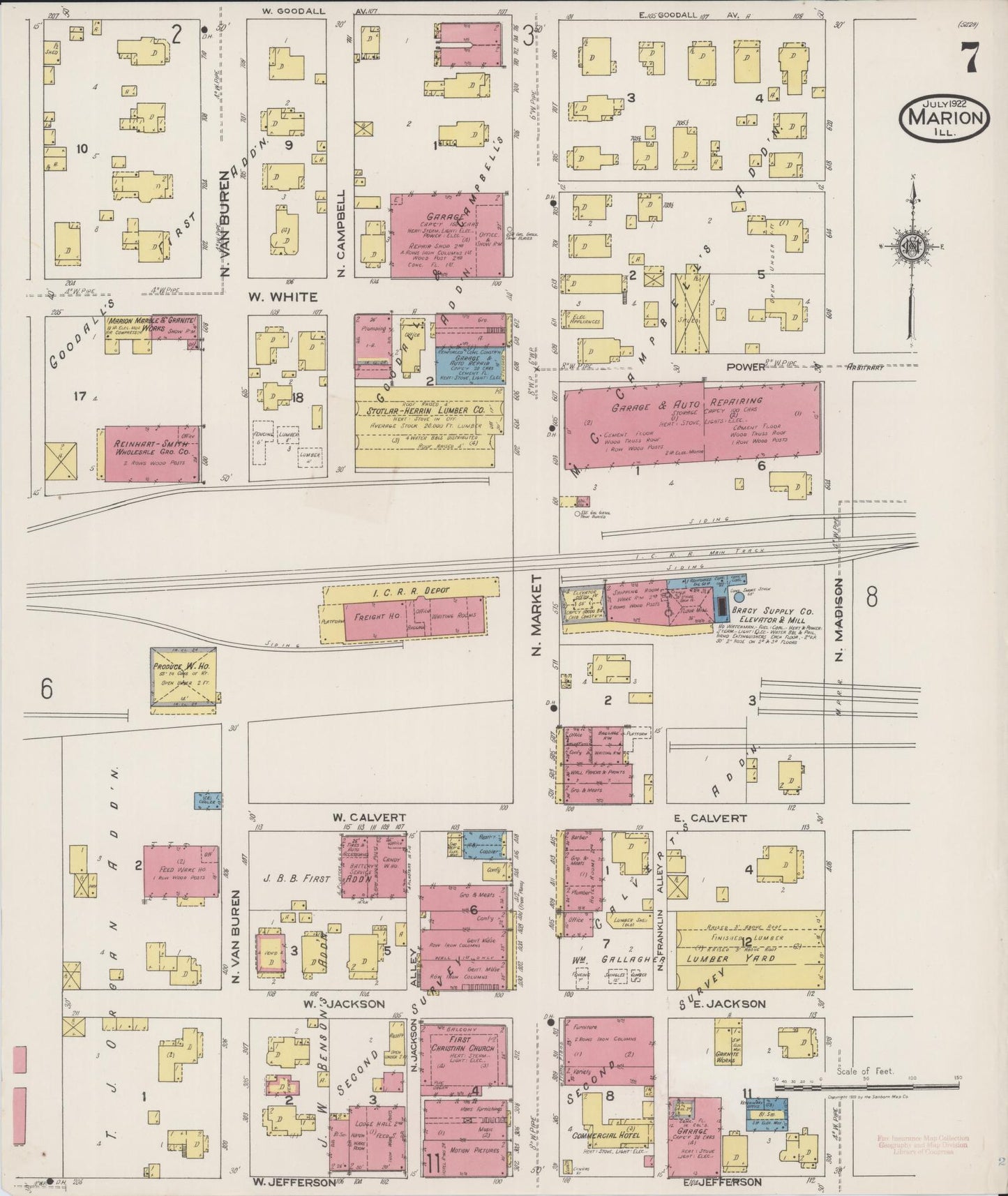 Sanborn Fire Insurance Map from Marion, Williamson County, Illinois (1922), Sheet #0007 - Historic Sanborn Fire Insurance Map Print, vintage old map wall art, antique decor, genealogy gift, Illinois Illinois map
