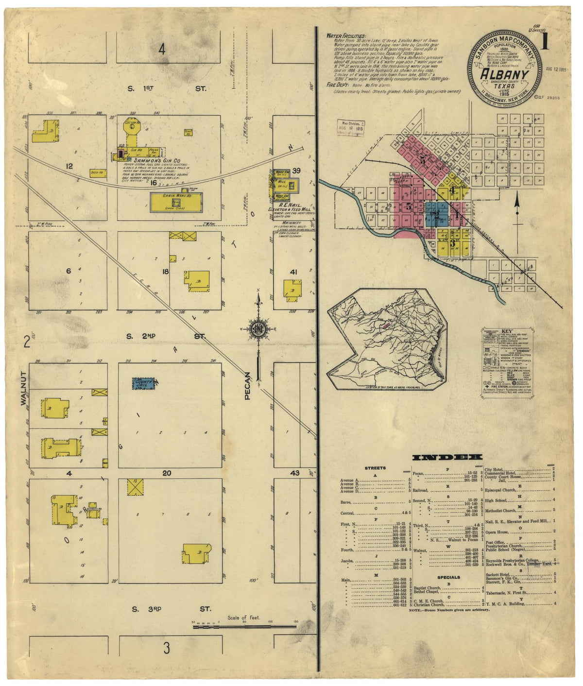 Sanborn Fire Insurance Map from Albany, Shackelford County, Texas (1915), Sheet #0001 - Historic Sanborn Fire Insurance Map Print, vintage old map wall art, antique decor, genealogy gift, Texas Texas map