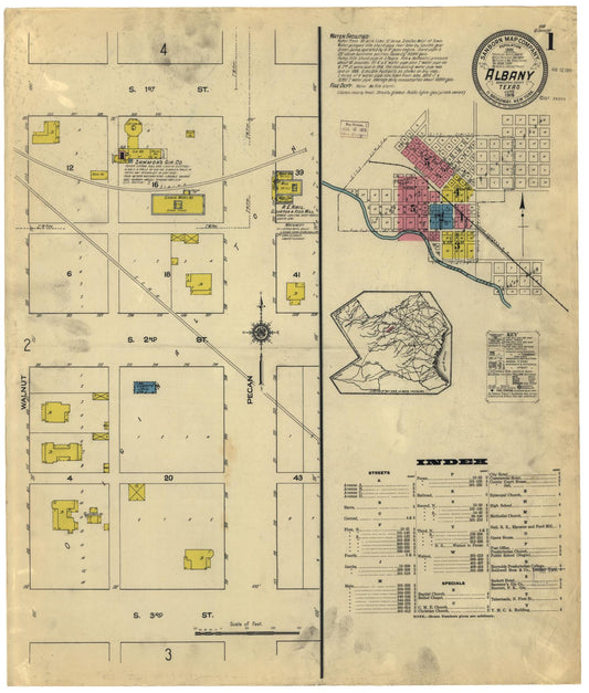 Sanborn Fire Insurance Map from Albany, Shackelford County, Texas (1915), Sheet #0001 - Historic Sanborn Fire Insurance Map Print, vintage old map wall art, antique decor, genealogy gift, Texas Texas map