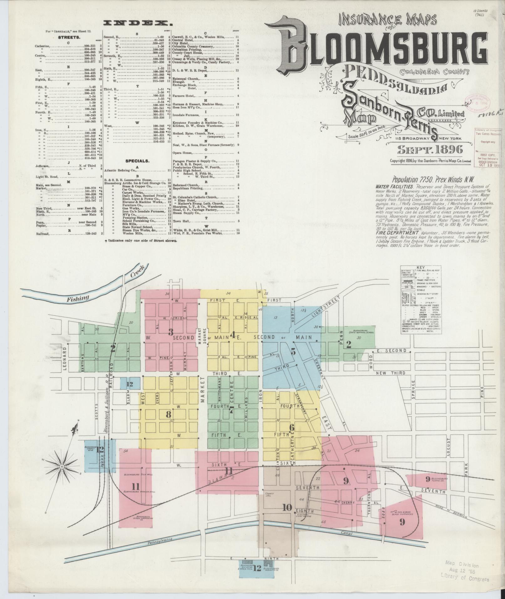 Sanborn Fire Insurance Map from Bloomsburg, Columbia County, Pennsylvania (1896), Sheet #0001 - Historic Sanborn Fire Insurance Map Print, vintage old map wall art, antique decor, genealogy gift, Pennsylvania Pennsylvania map