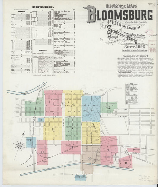 Sanborn Fire Insurance Map from Bloomsburg, Columbia County, Pennsylvania (1896), Sheet #0001 - Historic Sanborn Fire Insurance Map Print, vintage old map wall art, antique decor, genealogy gift, Pennsylvania Pennsylvania map