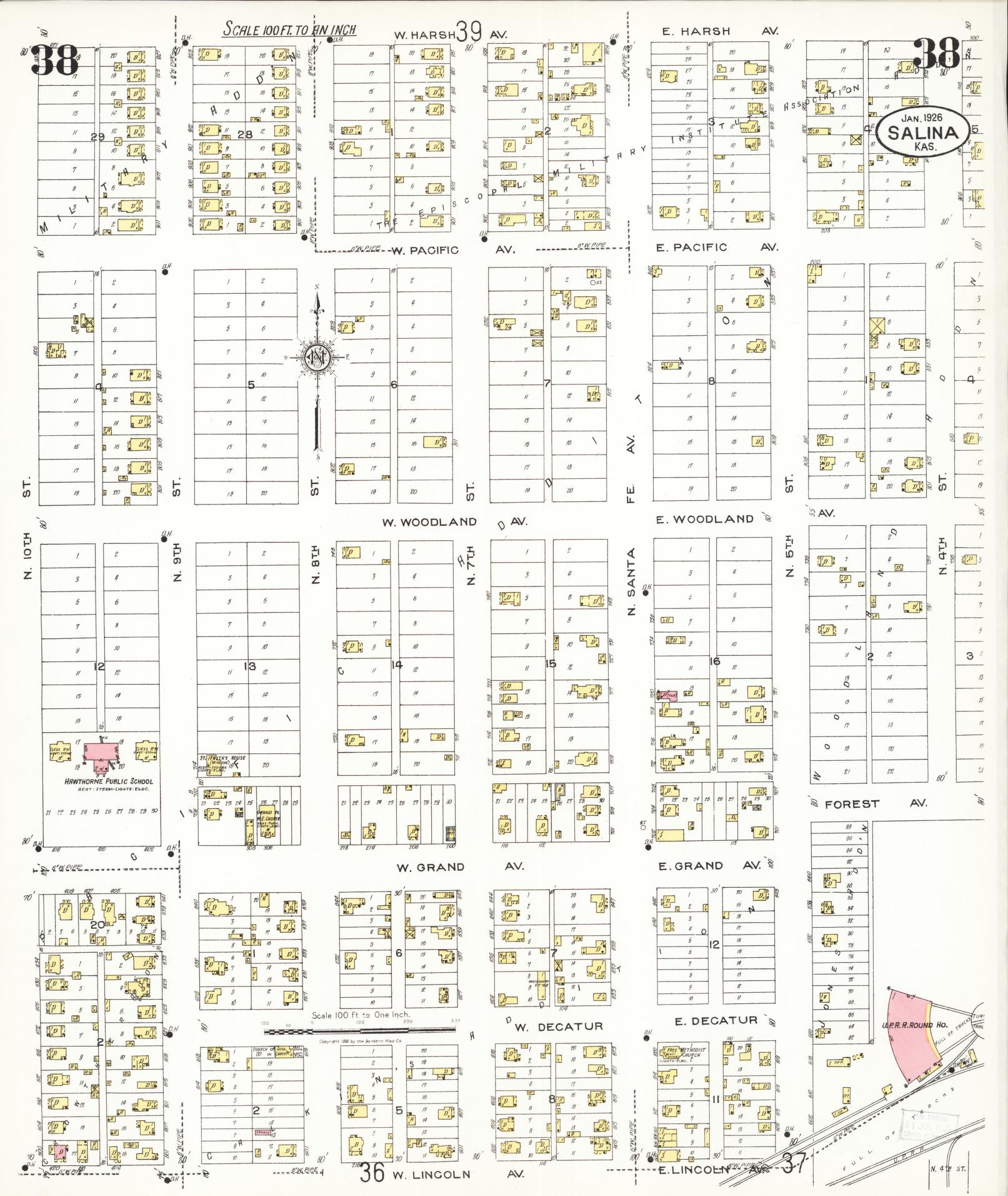 Sanborn Fire Insurance Map from Salina, Saline County, Kansas (1926), Sheet #0038 - Complete Map Set gallery image, historic Sanborn map, vintage wall art, Kansas Kansas