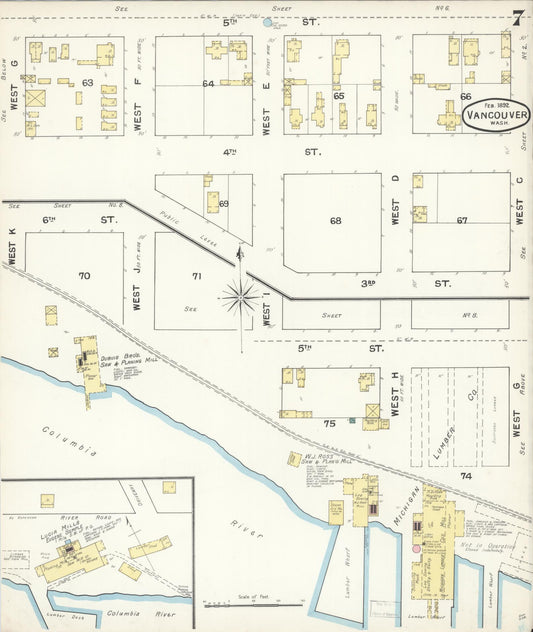 Sanborn Fire Insurance Map from Vancouver, Clark County, Washington (1892), Sheet #0007 - Historic Sanborn Fire Insurance Map Print, vintage old map wall art, antique decor, genealogy gift, Washington Washington map