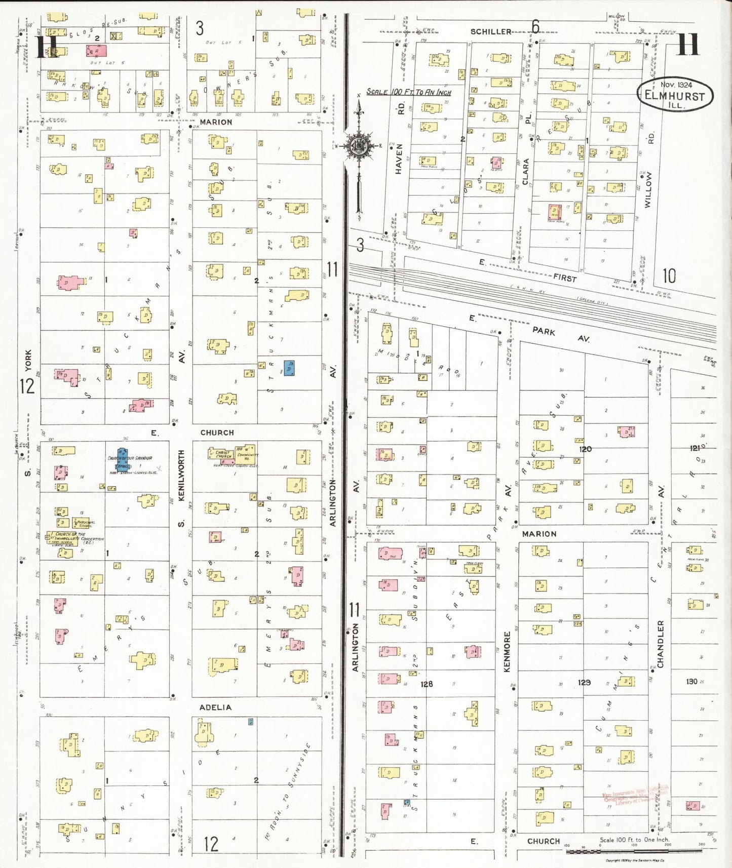 Sanborn Fire Insurance Map from Elmhurst, Du Page County, Illinois (1924), Sheet #0011 - Complete Map Set gallery image, historic Sanborn map, vintage wall art, Illinois Illinois