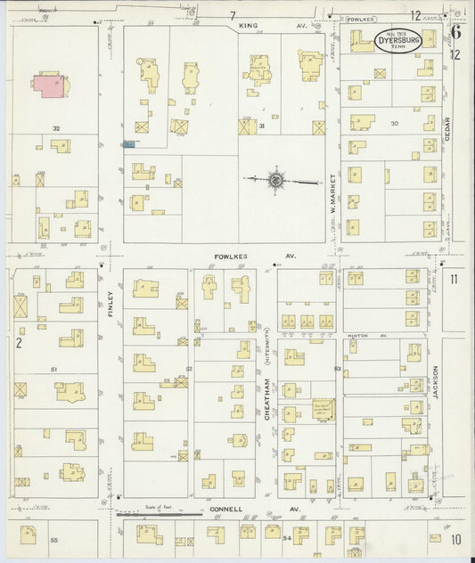 Sanborn Fire Insurance Map from Dyersburg, Dyer County, Tennessee (1909), Sheet #0006 - Historic Sanborn Fire Insurance Map Print, vintage old map wall art, antique decor, genealogy gift, Tennessee Tennessee map
