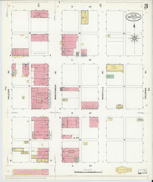 Sanborn Fire Insurance Map from Sheffield, Colbert County, Alabama (1908), Sheet #0003 - Historic Sanborn Fire Insurance Map Print, vintage old map wall art, antique decor, genealogy gift, Alabama Alabama map