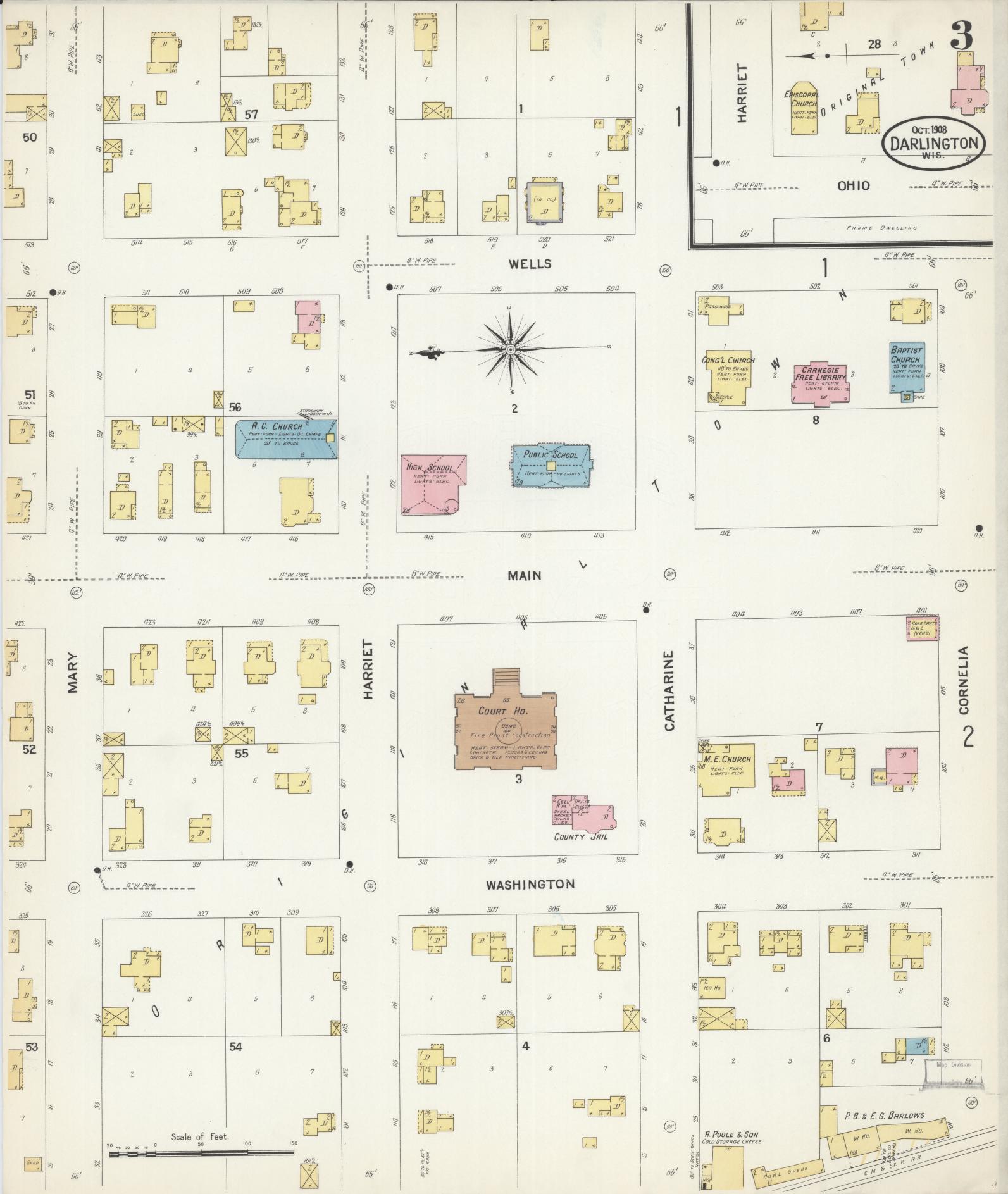 Sanborn Fire Insurance Map from Darlington, Lafayette County, Wisconsin (1908), Sheet #0003 - Complete Map Set gallery image, historic Sanborn map, vintage wall art, Wisconsin Wisconsin