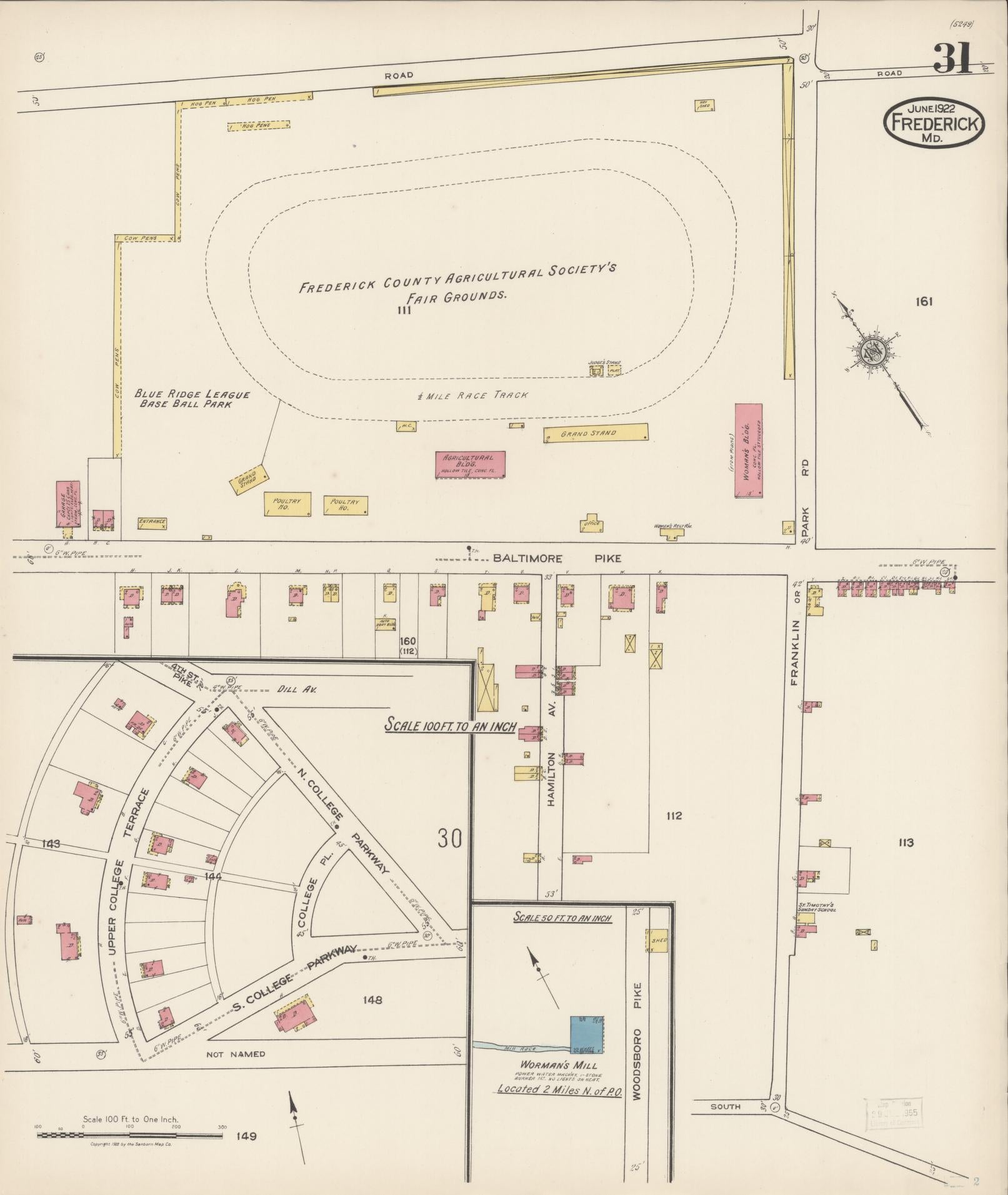 Sanborn Fire Insurance Map from Frederick, Frederick County, Maryland (1922), Sheet #0031 - Historic Sanborn Fire Insurance Map Print, vintage old map wall art