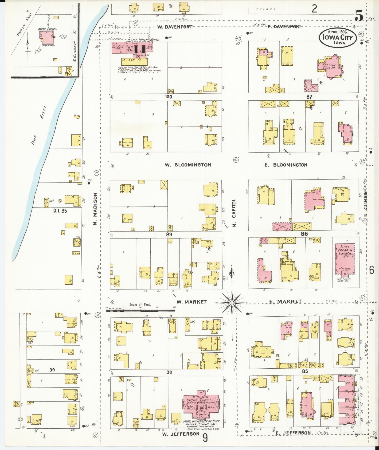 Sanborn Fire Insurance Map from Iowa City, Johnson County, Iowa (1906), Sheet #0005 - Historic Sanborn Fire Insurance Map Print, vintage old map wall art