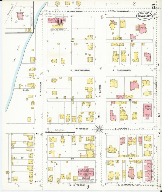Sanborn Fire Insurance Map from Iowa City, Johnson County, Iowa (1906), Sheet #0005 - Historic Sanborn Fire Insurance Map Print, vintage old map wall art