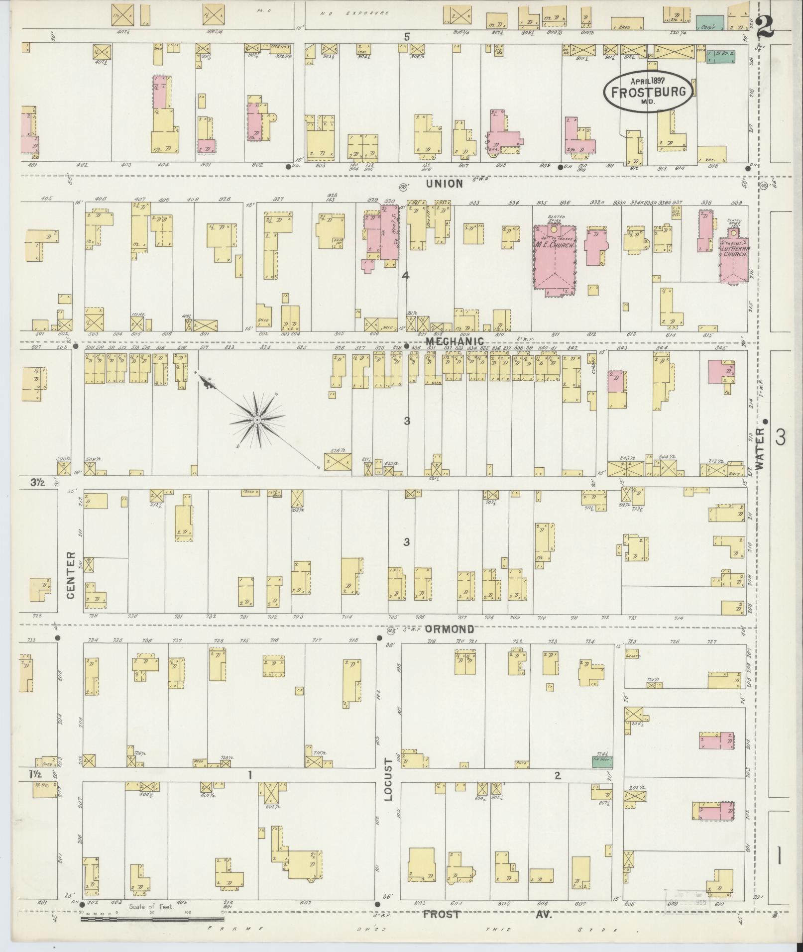 Sanborn Fire Insurance Map from Frostburg, Allegany County, Maryland (1897), Sheet #0002 - Historic Sanborn Fire Insurance Map Print, vintage old map wall art