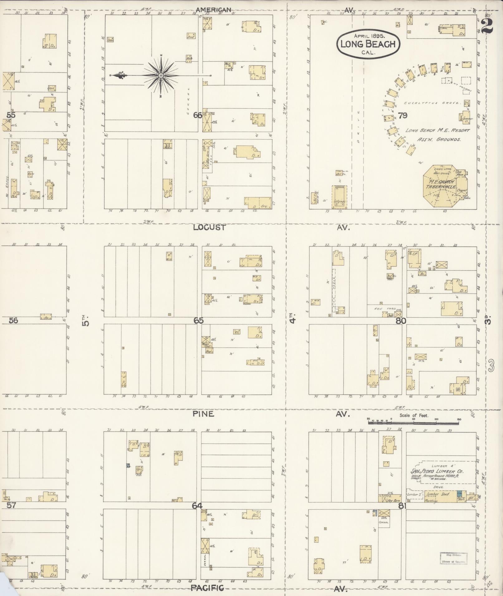 Sanborn Fire Insurance Map from Long Beach, Los Angeles County, California (1895), Sheet #0002 - Historic Sanborn Fire Insurance Map Print, vintage old map wall art, antique decor, genealogy gift, California California map