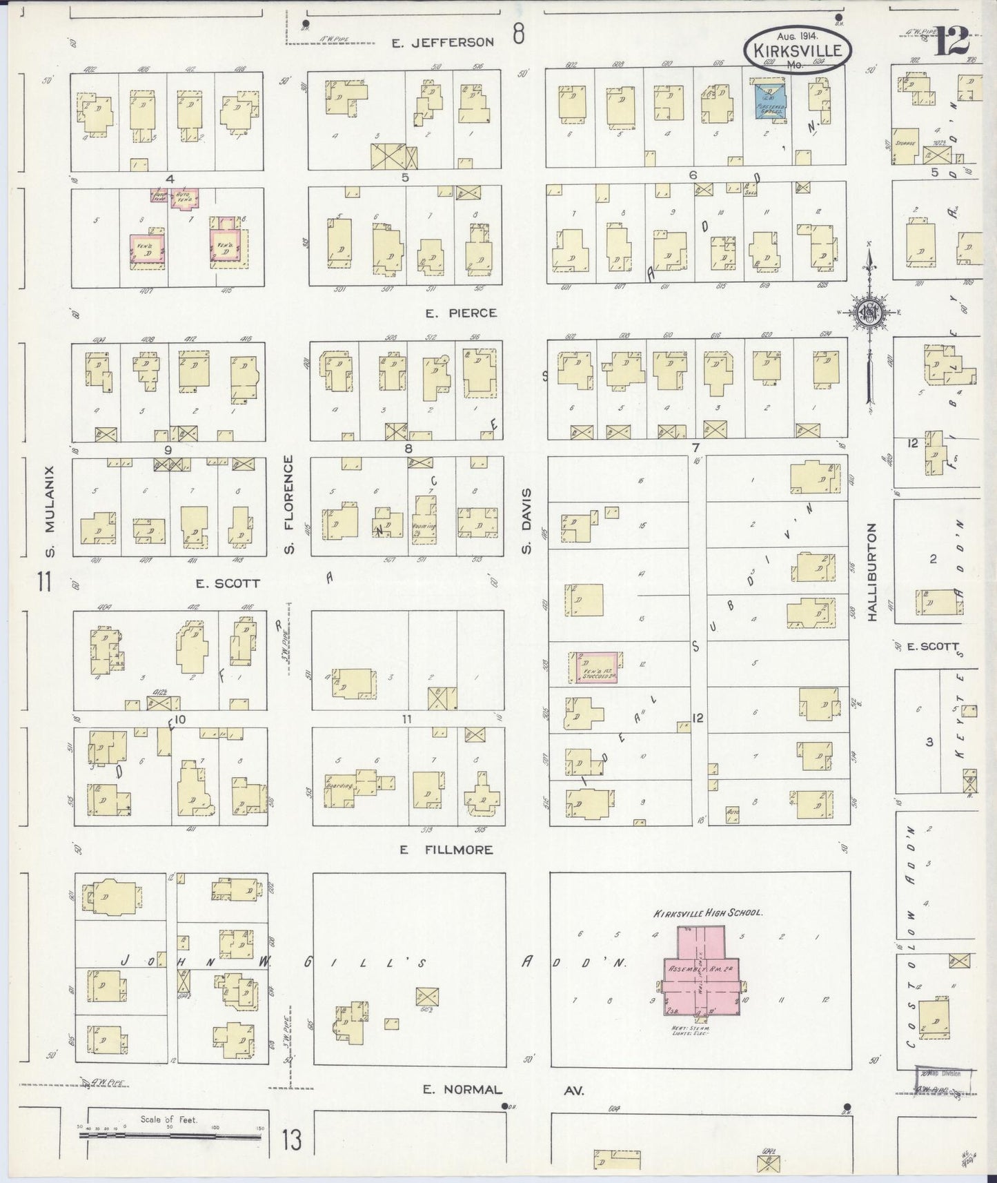 Sanborn Fire Insurance Map from Kirksville, Adair County, Missouri (1914), Sheet #0012 - Historic Sanborn Fire Insurance Map Print, vintage old map wall art, antique decor, genealogy gift, Missouri Missouri map