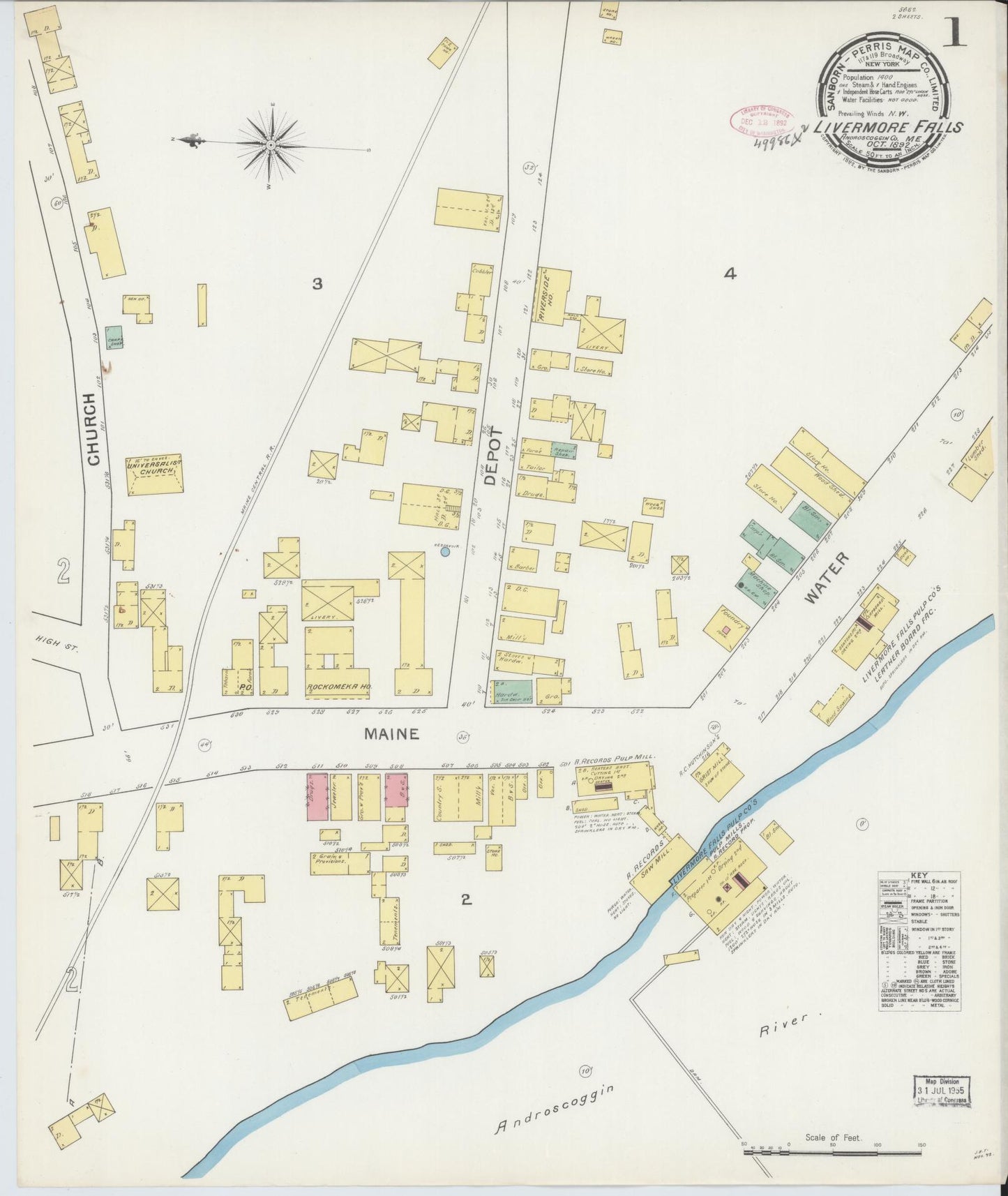 Sanborn Fire Insurance Map from Livermore Falls, Androscoggin County, Maine (1892), Sheet #0001 - Historic Sanborn Fire Insurance Map Print, vintage old map wall art, antique decor, genealogy gift, Maine Maine map