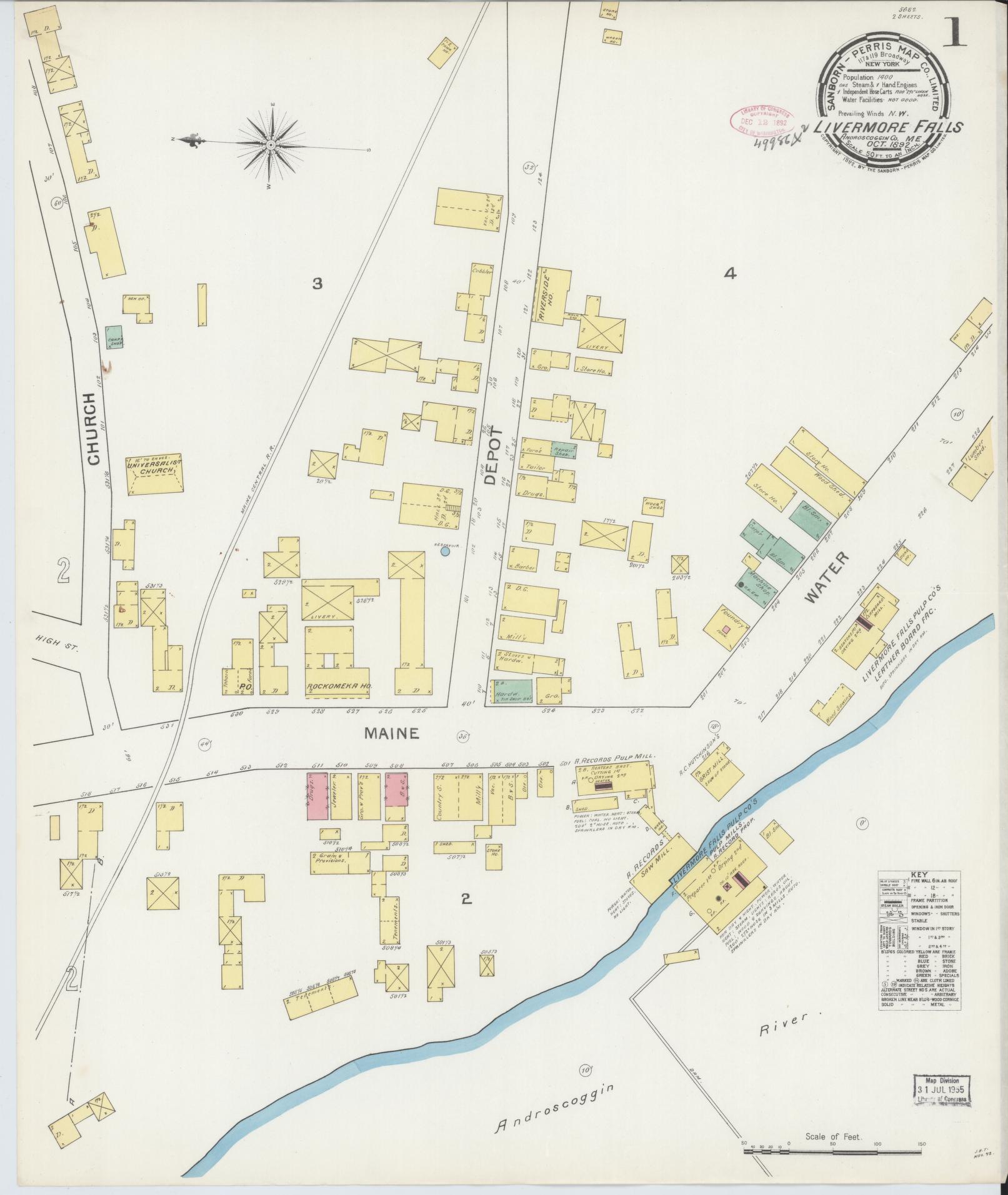 Sanborn Fire Insurance Map from Livermore Falls, Androscoggin County, Maine (1892), Sheet #0001 - Historic Sanborn Fire Insurance Map Print, vintage old map wall art, antique decor, genealogy gift, Maine Maine map