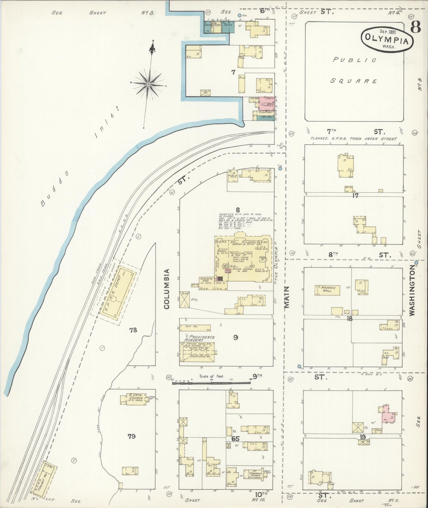 Sanborn Fire Insurance Map from Olympia, Thurston County, Washington (1891), Sheet #0008 - Historic Sanborn Fire Insurance Map Print, vintage old map wall art, antique decor, genealogy gift, Washington Washington map