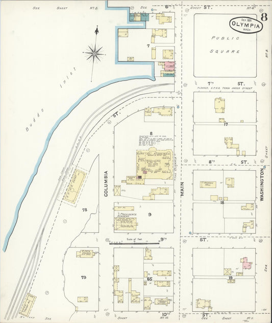 Sanborn Fire Insurance Map from Olympia, Thurston County, Washington (1891), Sheet #0008 - Historic Sanborn Fire Insurance Map Print, vintage old map wall art, antique decor, genealogy gift, Washington Washington map