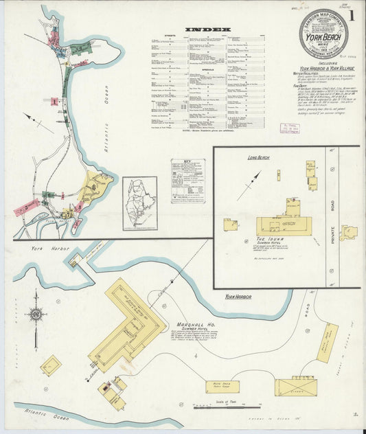 Sanborn Fire Insurance Map from York Beach, York County, Maine (1913), Sheet #0001 - Historic Sanborn Fire Insurance Map Print, vintage old map wall art, antique decor, genealogy gift, Maine Maine map