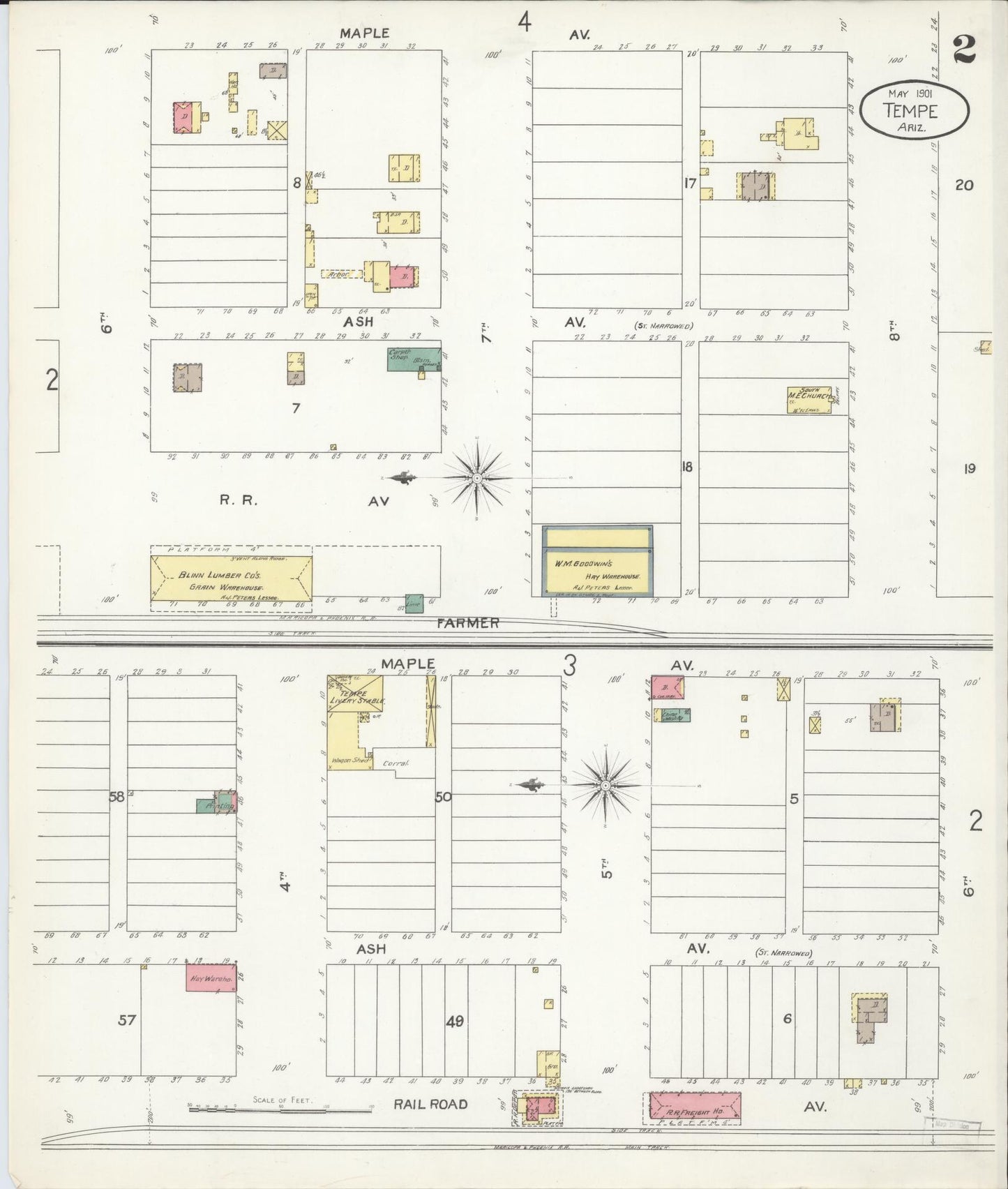 Sanborn Fire Insurance Map from Tempe, Maricopa County, Arizona (1901), Sheet #0002 - Complete Map Set gallery image, historic Sanborn map, vintage wall art, Arizona Arizona