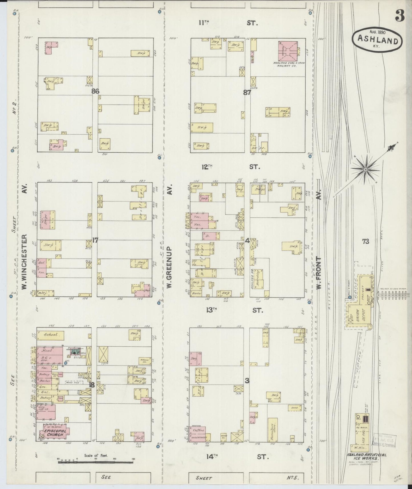 Sanborn Fire Insurance Map from Ashland, Boyd County, Kentucky (1890), Sheet #0003 - Historic Sanborn Fire Insurance Map Print, vintage old map wall art, antique decor, genealogy gift, Kentucky Kentucky map