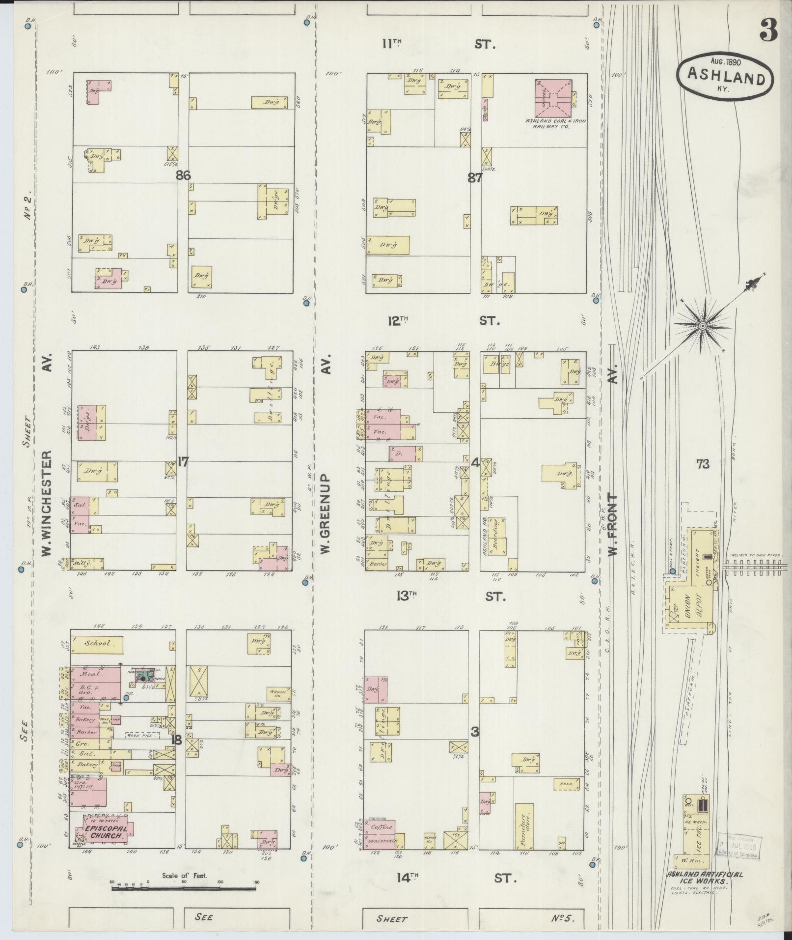Sanborn Fire Insurance Map from Ashland, Boyd County, Kentucky (1890), Sheet #0003 - Historic Sanborn Fire Insurance Map Print, vintage old map wall art, antique decor, genealogy gift, Kentucky Kentucky map