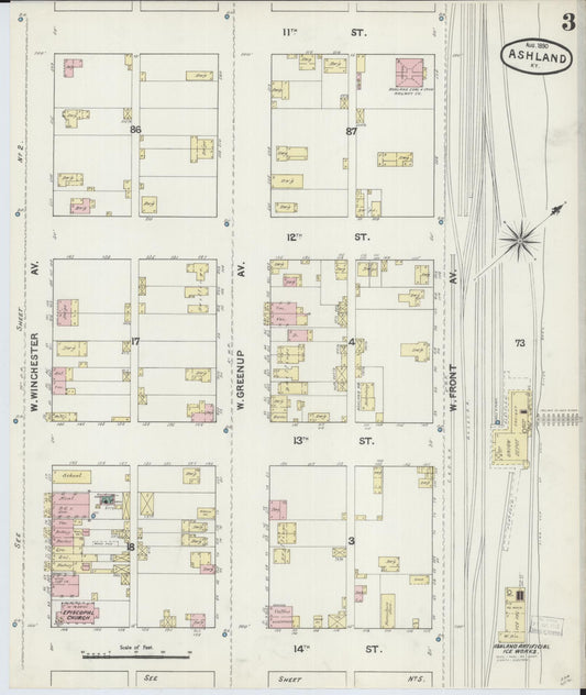 Sanborn Fire Insurance Map from Ashland, Boyd County, Kentucky (1890), Sheet #0003 - Historic Sanborn Fire Insurance Map Print, vintage old map wall art, antique decor, genealogy gift, Kentucky Kentucky map