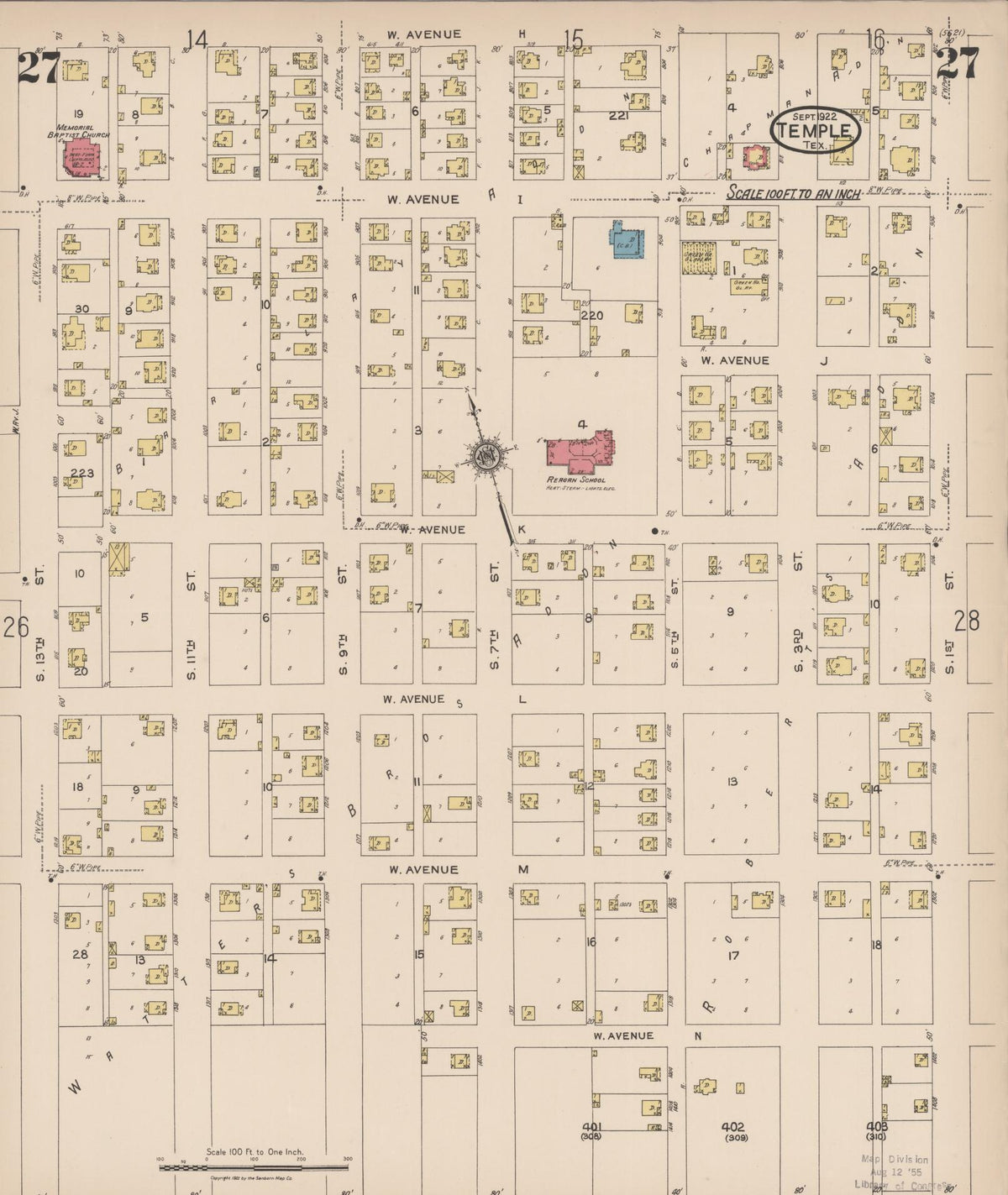 Sanborn Fire Insurance Map from Temple, Bell County, Texas (1922), Sheet #0027 - Complete Map Set gallery image, historic Sanborn map, vintage wall art, Texas Texas