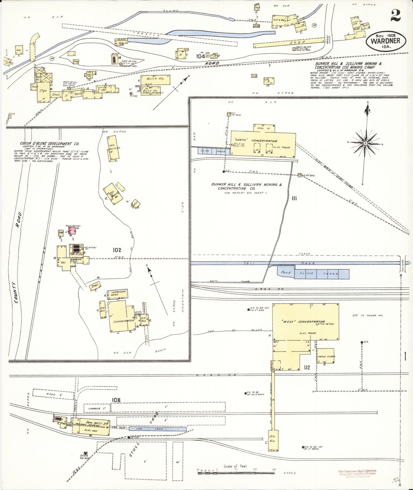 Sanborn Fire Insurance Map from Wardner, Shoshone County, Idaho (1908), Sheet #0002 - Historic Sanborn Fire Insurance Map Print, vintage old map wall art, antique decor, genealogy gift, Idaho Idaho map