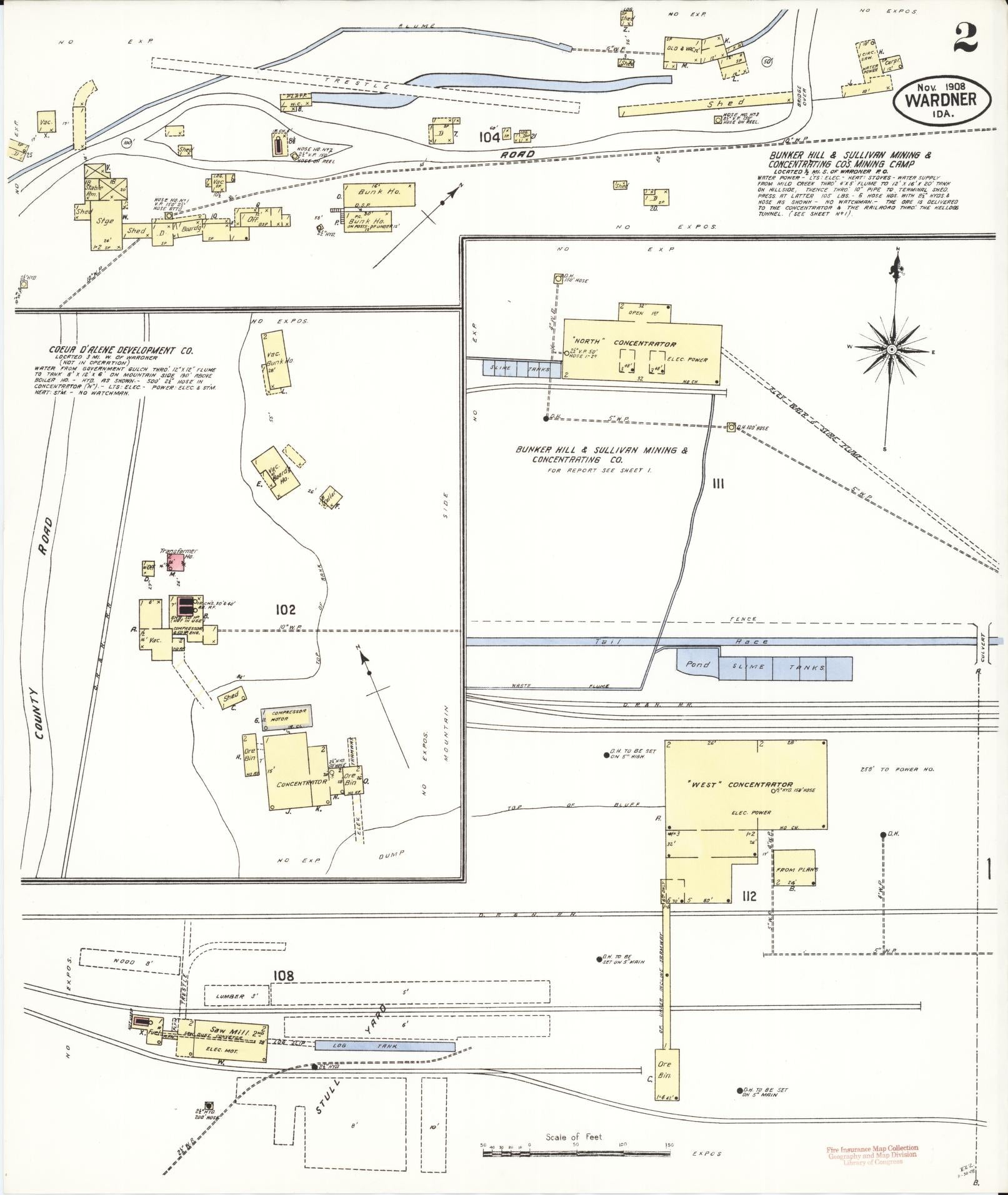 Sanborn Fire Insurance Map from Wardner, Shoshone County, Idaho (1908), Sheet #0002 - Historic Sanborn Fire Insurance Map Print, vintage old map wall art, antique decor, genealogy gift, Idaho Idaho map