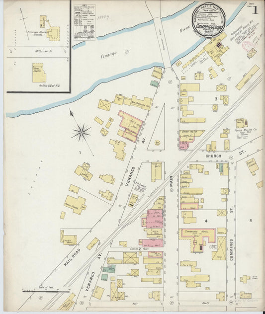 Sanborn Fire Insurance Map from Cambridge Springs, Crawford County, Pennsylvania (1895), Sheet #0001 - Historic Sanborn Fire Insurance Map Print, vintage old map wall art, antique decor, genealogy gift, Pennsylvania Pennsylvania map