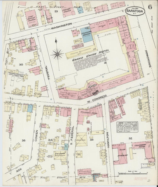 Sanborn Fire Insurance Map from Saratoga, Saratoga County, New York (1884), Sheet #0006 - Historic Sanborn Fire Insurance Map Print, vintage old map wall art, antique decor, genealogy gift, New York New York map