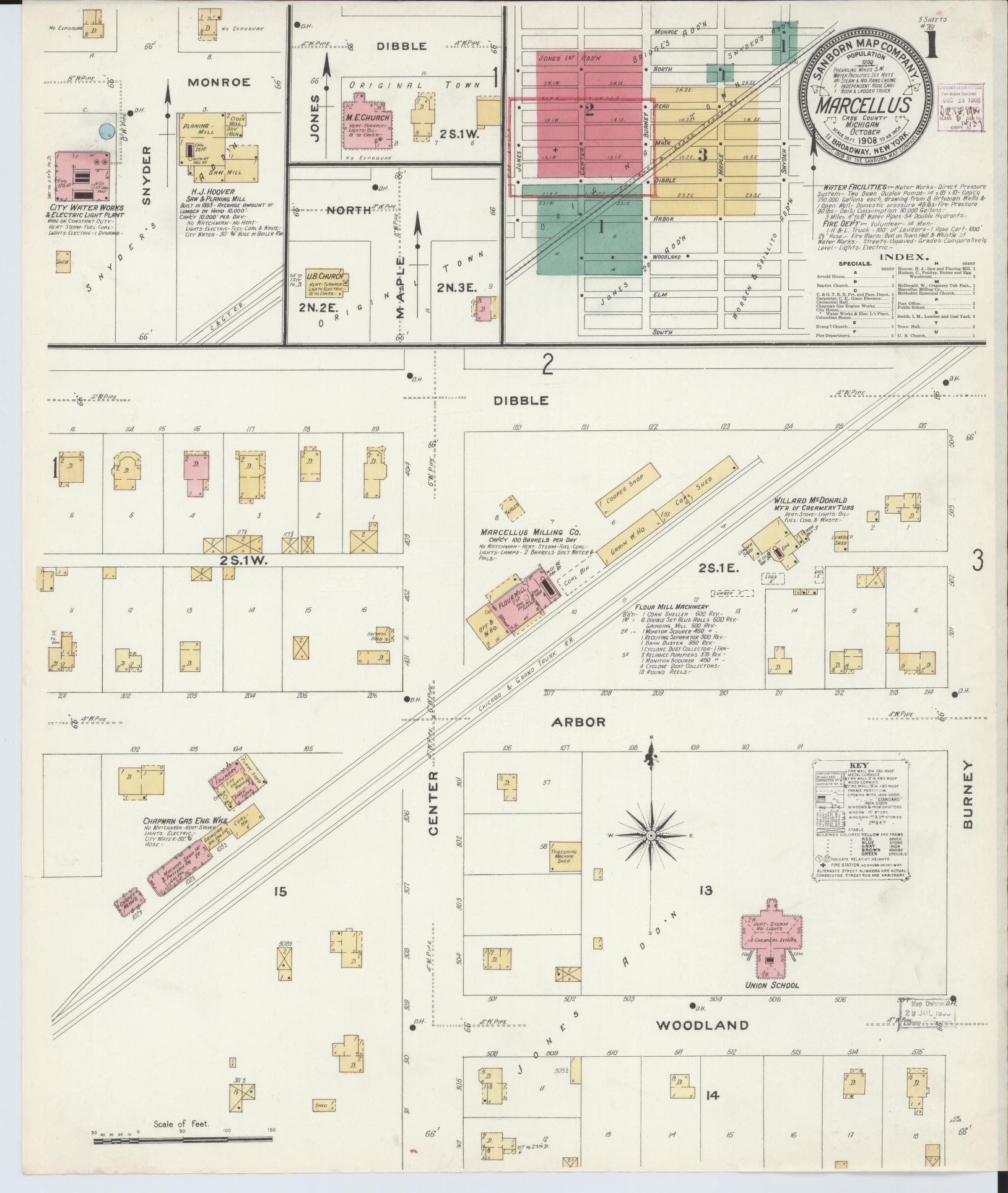Sanborn Fire Insurance Map from Marcellus, Cass County, Michigan (1908), Sheet #0001 - Complete Map Set gallery image, historic Sanborn map, vintage wall art, Michigan Michigan