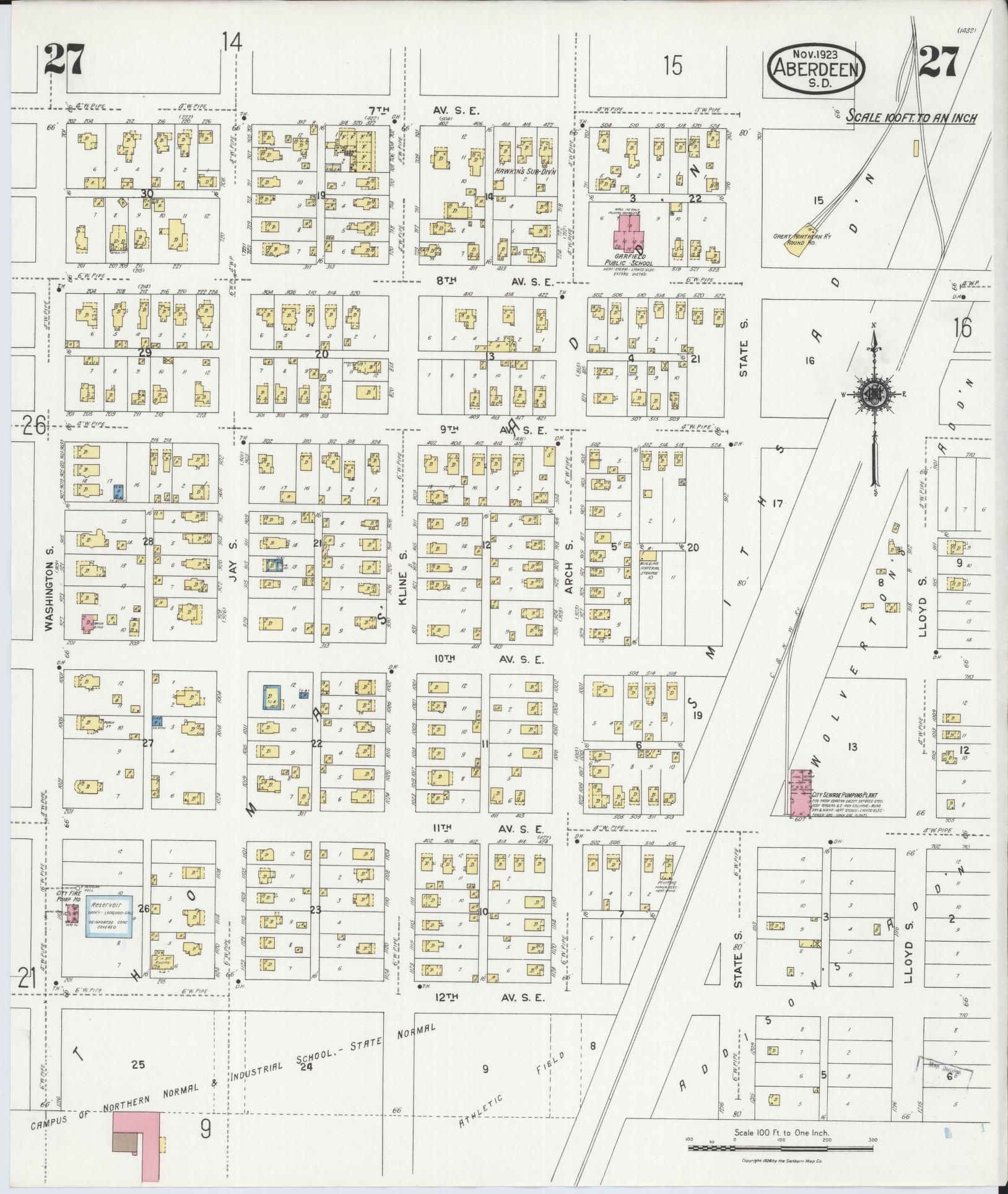 Sanborn Fire Insurance Map from Aberdeen, Brown County, South Dakota (1923), Sheet #0027 - Complete Map Set gallery image, historic Sanborn map, vintage wall art, South Dakota South Dakota