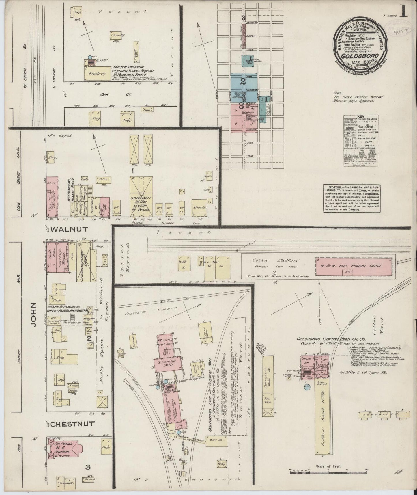 Sanborn Fire Insurance Map from Goldsboro, Wayne County, North Carolina (1885), Sheet #0001 - Historic Sanborn Fire Insurance Map Print, vintage old map wall art, antique decor, genealogy gift, North Carolina North Carolina map