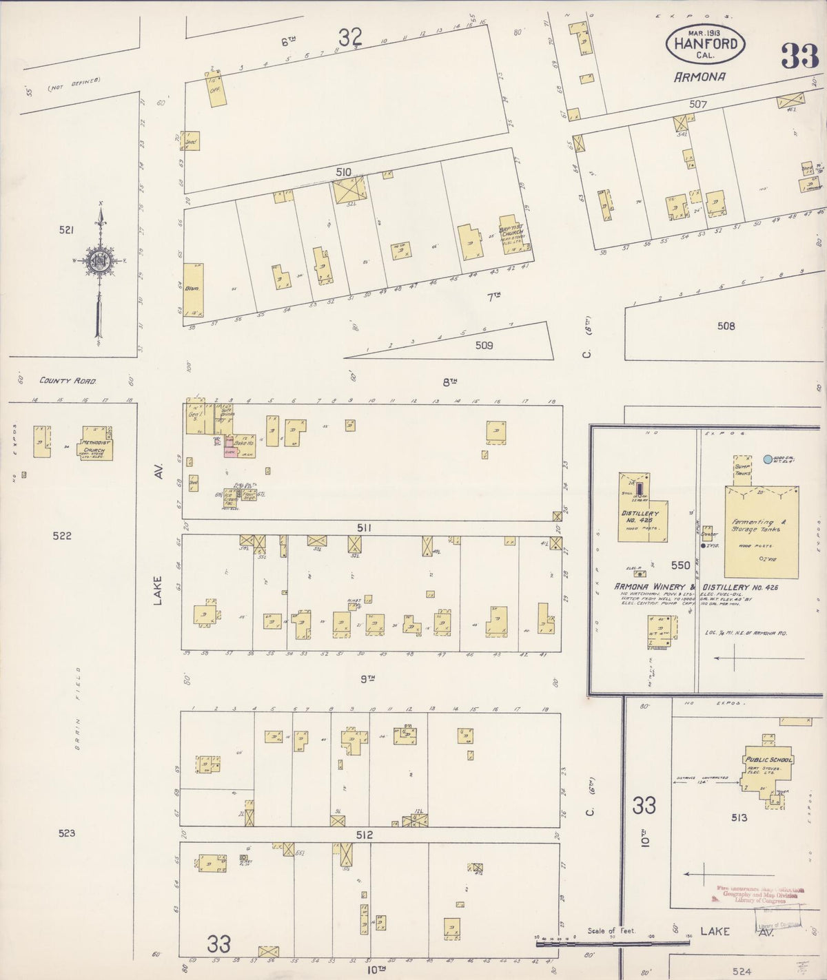 Sanborn Fire Insurance Map from Hanford, Kings County, California (1913), Sheet #0033 - Complete Map Set gallery image, historic Sanborn map, vintage wall art, California California