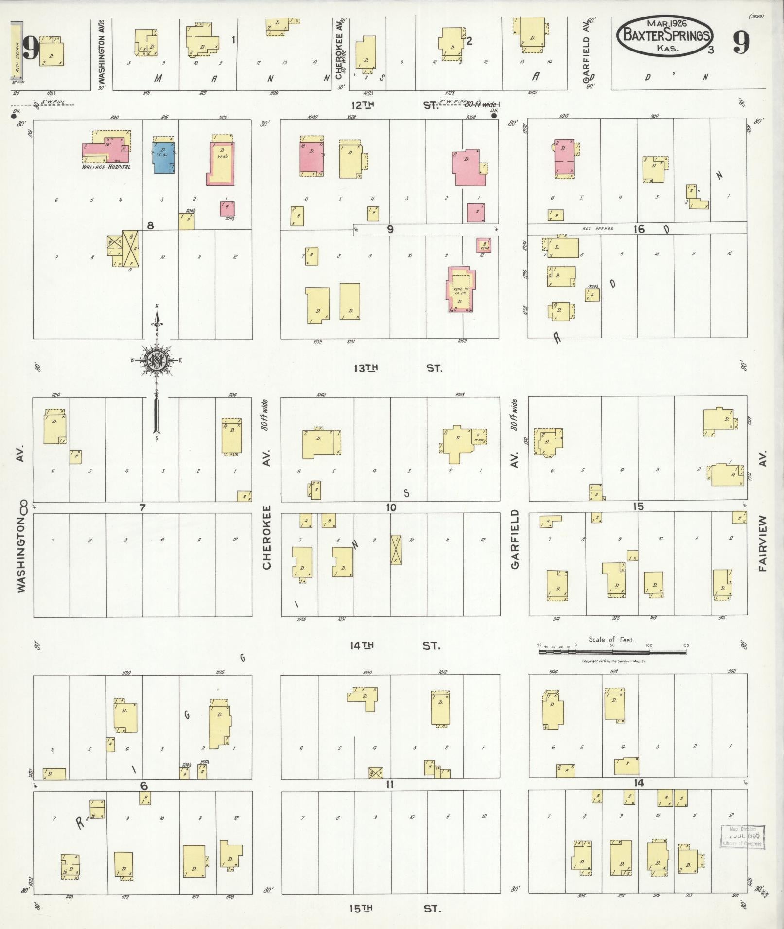 Sanborn Fire Insurance Map from Baxter Springs, Cherokee County, Kansas (1926), Sheet #0009 - Historic Sanborn Fire Insurance Map Print, vintage old map wall art, antique decor, genealogy gift, Kansas Kansas map