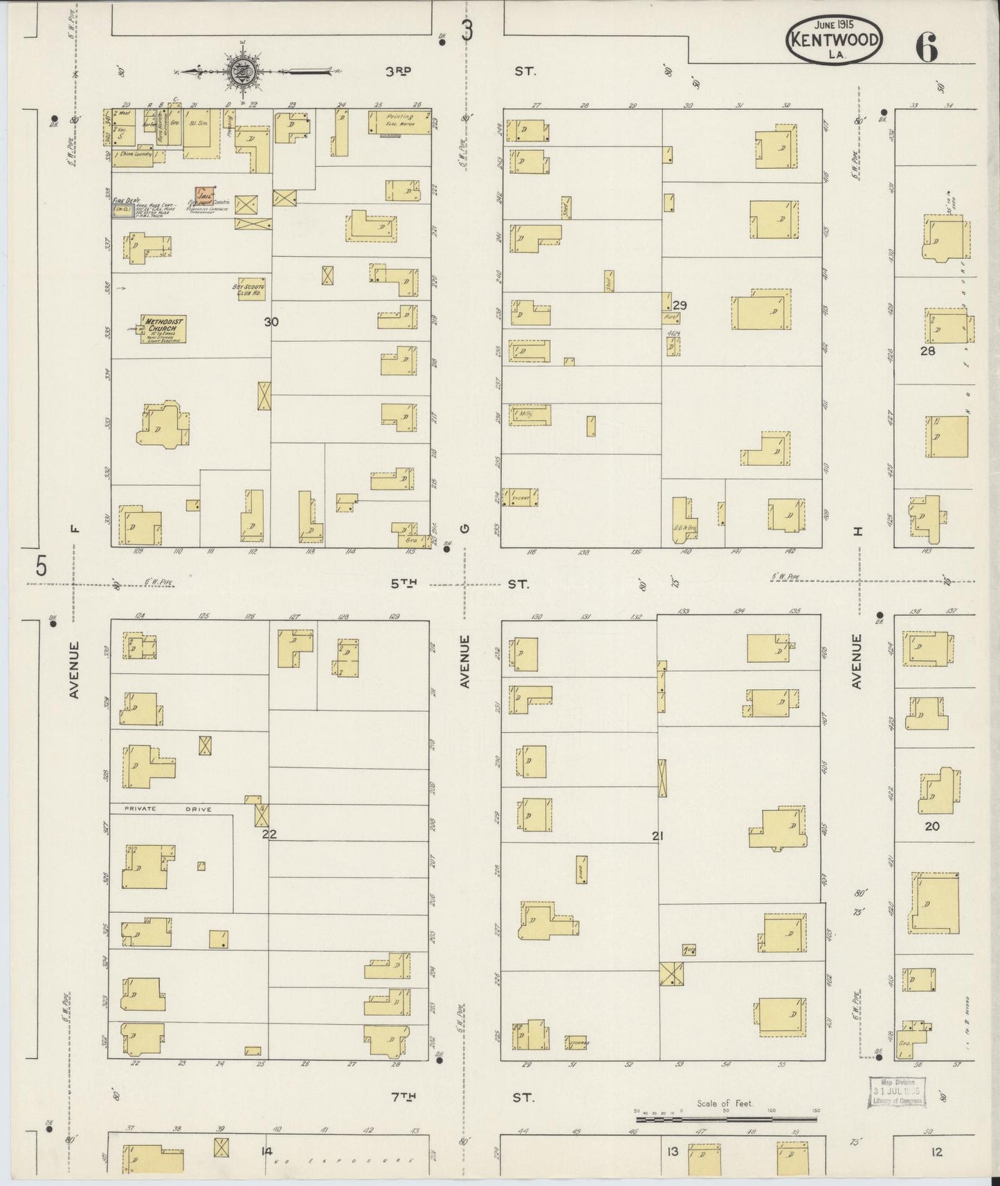 Sanborn Fire Insurance Map from Kentwood, Tangipahoa Parish, Louisiana (1915), Sheet #0006 - Complete Map Set gallery image, historic Sanborn map, vintage wall art, Louisiana Louisiana
