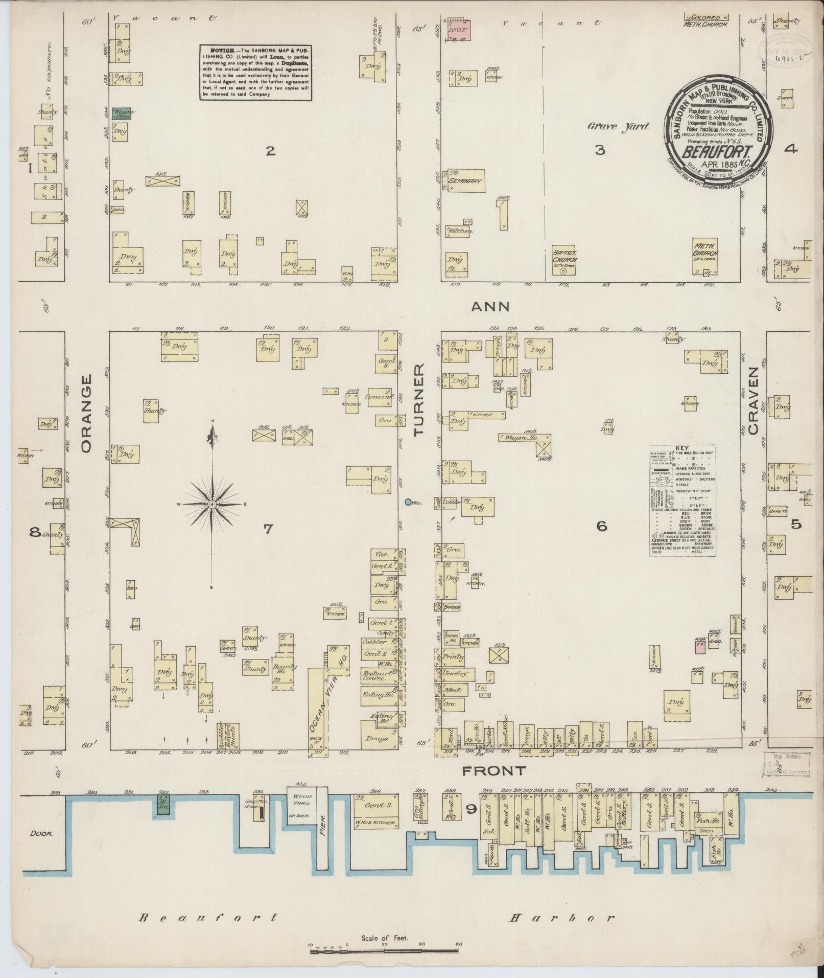Sanborn Fire Insurance Map from Beaufort, Carteret County, North Carolina (1885), Sheet #0001 - Historic Sanborn Fire Insurance Map Print, vintage old map wall art, antique decor, genealogy gift, North Carolina North Carolina map