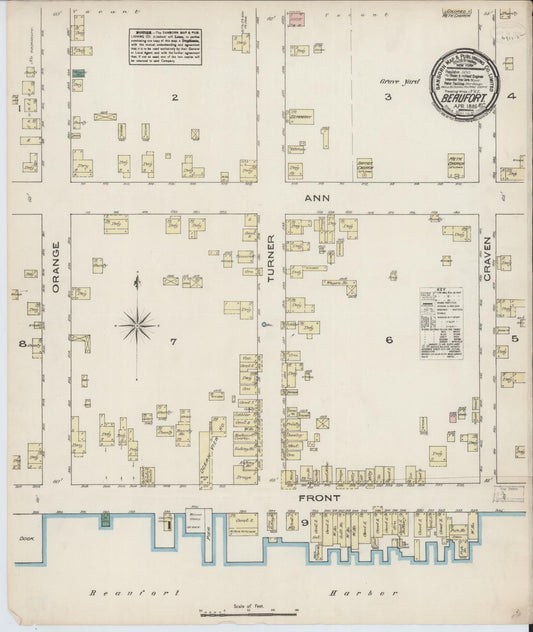 Sanborn Fire Insurance Map from Beaufort, Carteret County, North Carolina (1885), Sheet #0001 - Historic Sanborn Fire Insurance Map Print, vintage old map wall art, antique decor, genealogy gift, North Carolina North Carolina map