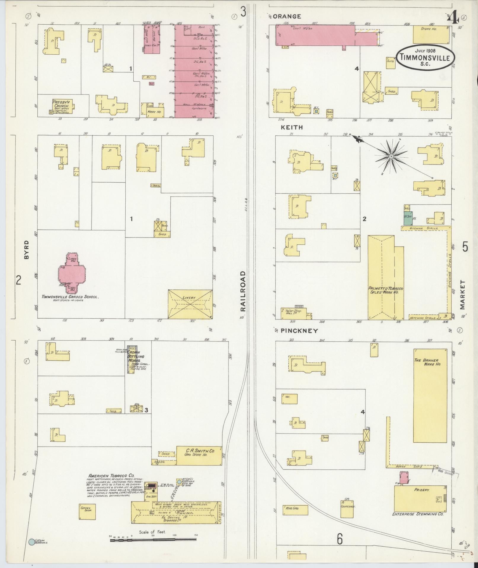 Sanborn Fire Insurance Map from Timmonsville, Florence County, South Carolina (1908), Sheet #0004 - Historic Sanborn Fire Insurance Map Print, vintage old map wall art, antique decor, genealogy gift, South Carolina South Carolina map