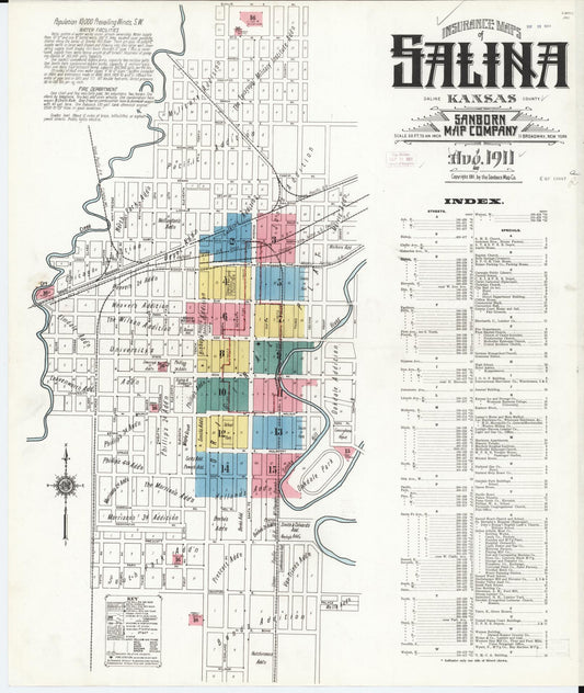 Sanborn Fire Insurance Map from Salina, Saline County, Kansas (1911), Sheet #0001 - Historic Sanborn Fire Insurance Map Print, vintage old map wall art, antique decor, genealogy gift, Kansas Kansas map