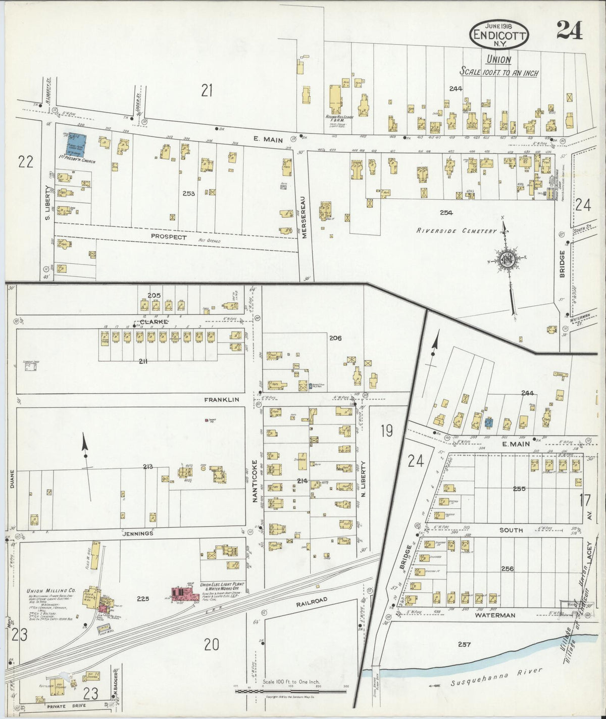 Sanborn Fire Insurance Map from Endicott, Broome County, New York (1918), Sheet #0024 - Historic Sanborn Fire Insurance Map Print, vintage old map wall art, antique decor, genealogy gift, New York New York map