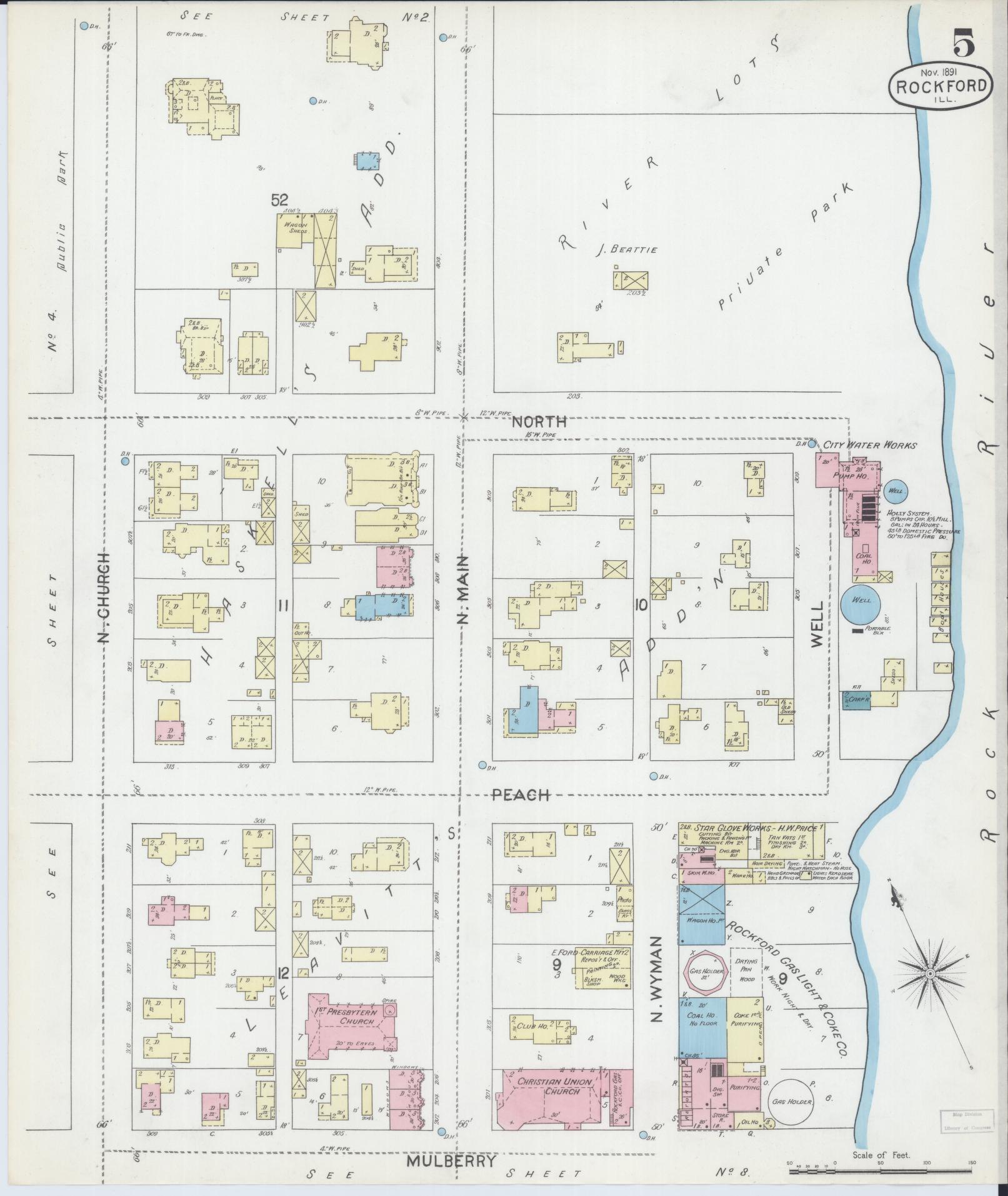 Sanborn Fire Insurance Map from Rockford, Winnebago County, Illinois (1891), Sheet #0005 - Complete Map Set gallery image, historic Sanborn map, vintage wall art, Illinois Illinois