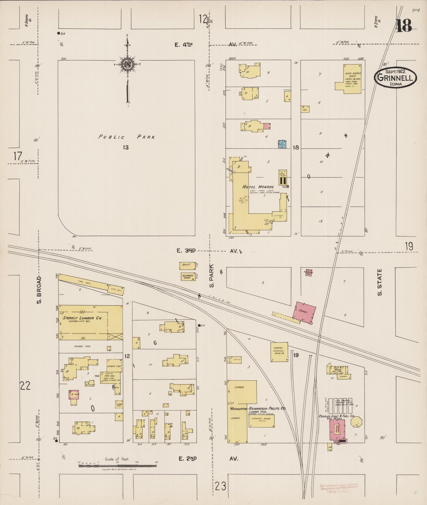 Sanborn Fire Insurance Map from Grinnell, Poweshiek County, Iowa (1922), Sheet #0018 - Historic Sanborn Fire Insurance Map Print, vintage old map wall art