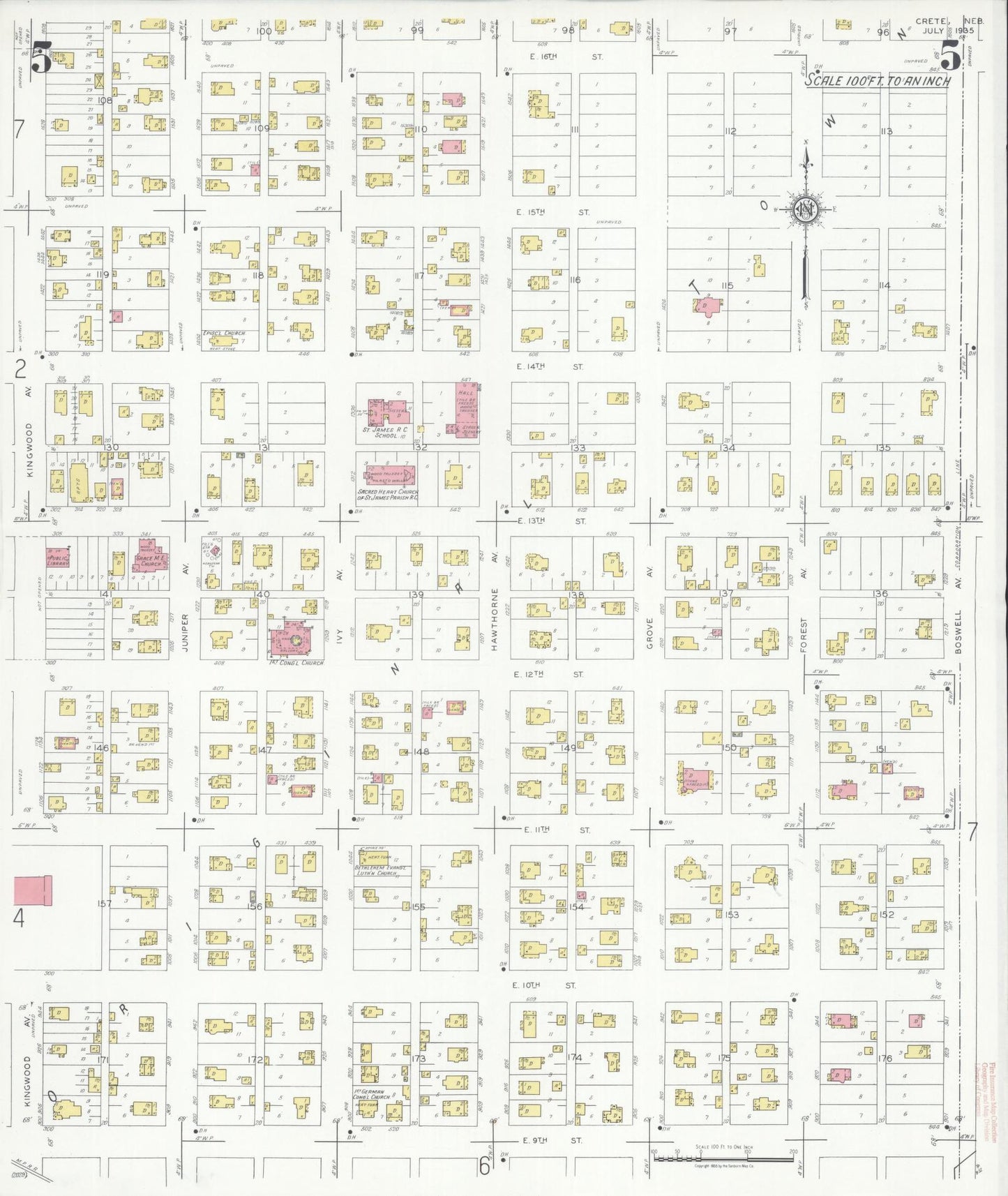 Sanborn Fire Insurance Map from Crete, Saline County, Nebraska (1935), Sheet #0005 - Historic Sanborn Fire Insurance Map Print, vintage old map wall art, antique decor, genealogy gift, Nebraska Nebraska map
