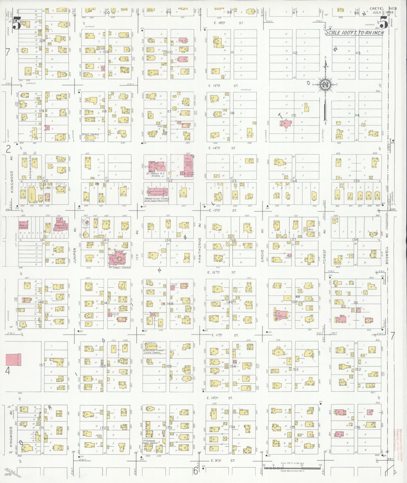 Sanborn Fire Insurance Map from Crete, Saline County, Nebraska (1935), Sheet #0005 - Historic Sanborn Fire Insurance Map Print, vintage old map wall art, antique decor, genealogy gift, Nebraska Nebraska map