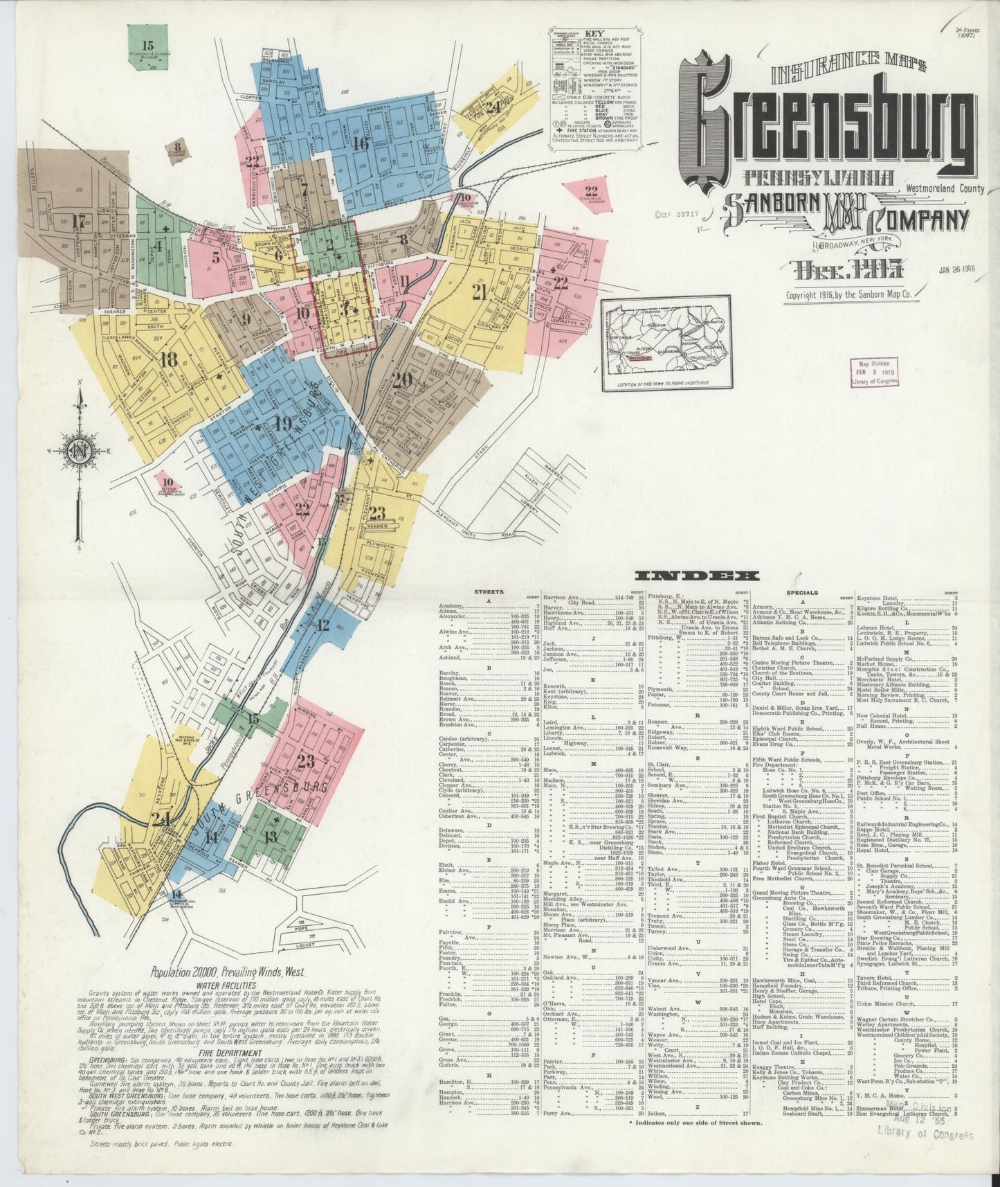 Sanborn Fire Insurance Map from Greensburg, Westmoreland County, Pennsylvania (1915), Sheet #0001 - Historic Sanborn Fire Insurance Map Print, vintage old map wall art, antique decor, genealogy gift, Pennsylvania Pennsylvania map